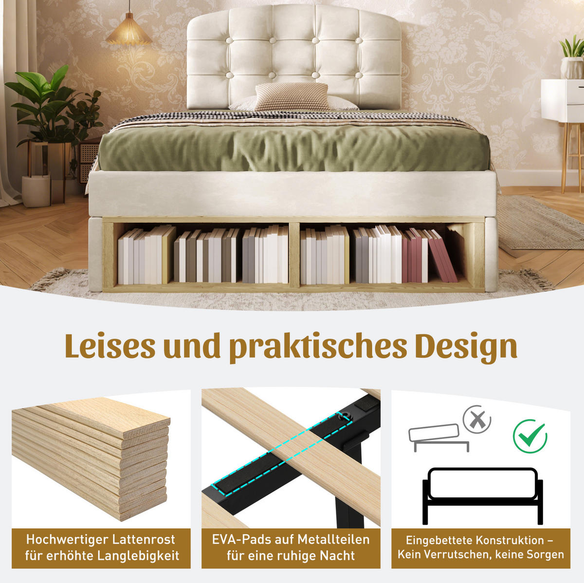 POLSTROVANÁ postel 90/200 cm béžová ze sametu s výškově nastavitelným čelem a úložným prostorem - béžová, textil (90/200cm) - OKWISH
