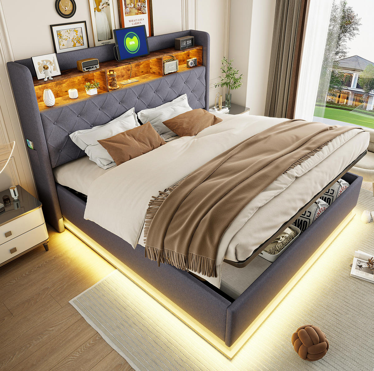 POLSTERBETT aus Leinenstoff 180/200 cm mit LED-Beleuchtung, USB-Anschluss und hydraulischem Stauraum, Grau - Grau, Textil (180/200cm) - Redom