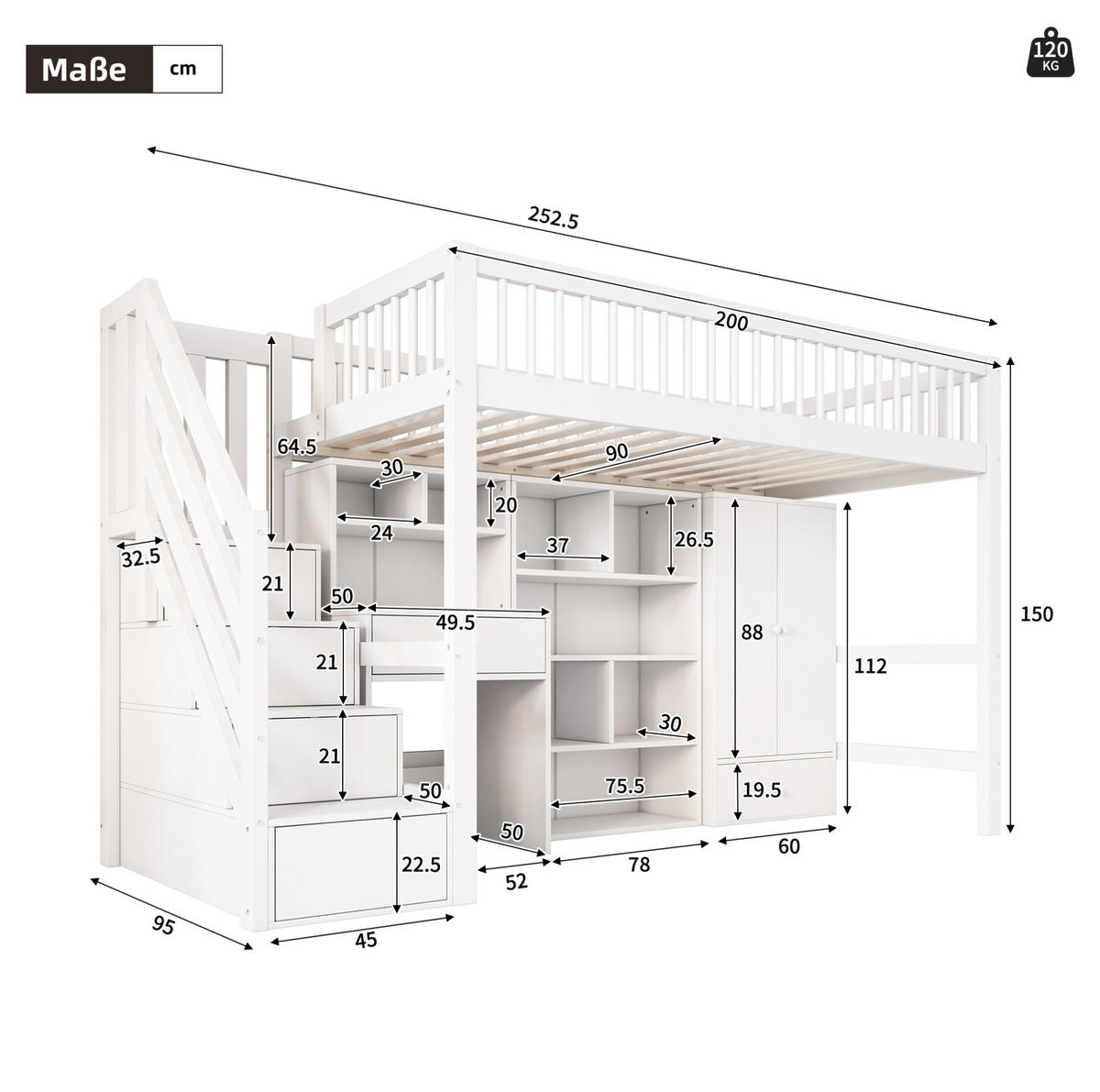 KINDEREINZELBETTEN aus Massivholz & MDF 90x200 cm in Weiß mit Schreibtisch & Treppe - Weiß, Holz (90/200cm) - Modfu