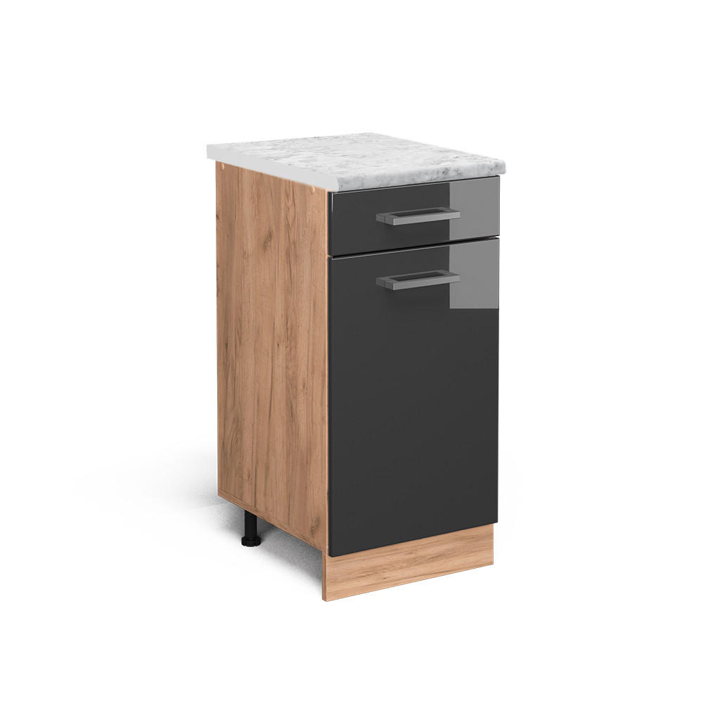 KÜCHENUNTERSCHRANK R-Line Anthrazit Hochglanz 40 cm AP Marmor - Honigeiche/Schwarz Hochglanz, Holzwerkstoff (40/81.6/60cm) - Vicco