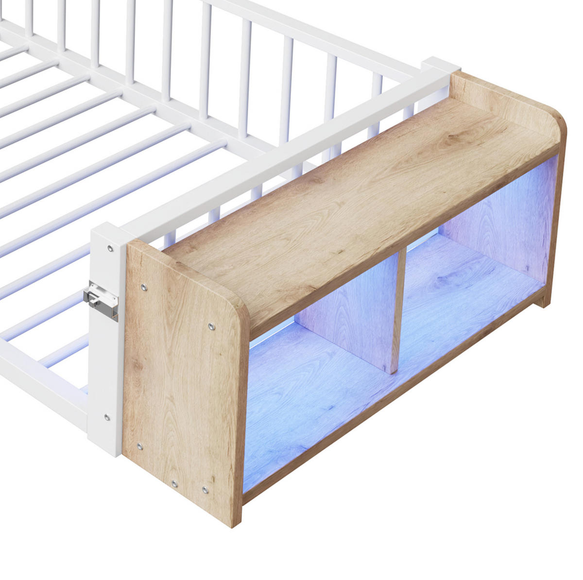 KINDERBETT aus Metall und MDF 90x200 cm Weiß mit Schutzgeländer, offenem Staufach und LED-Beleuchtung - Weiß, Holzwerkstoff (90/200cm) - Modfu
