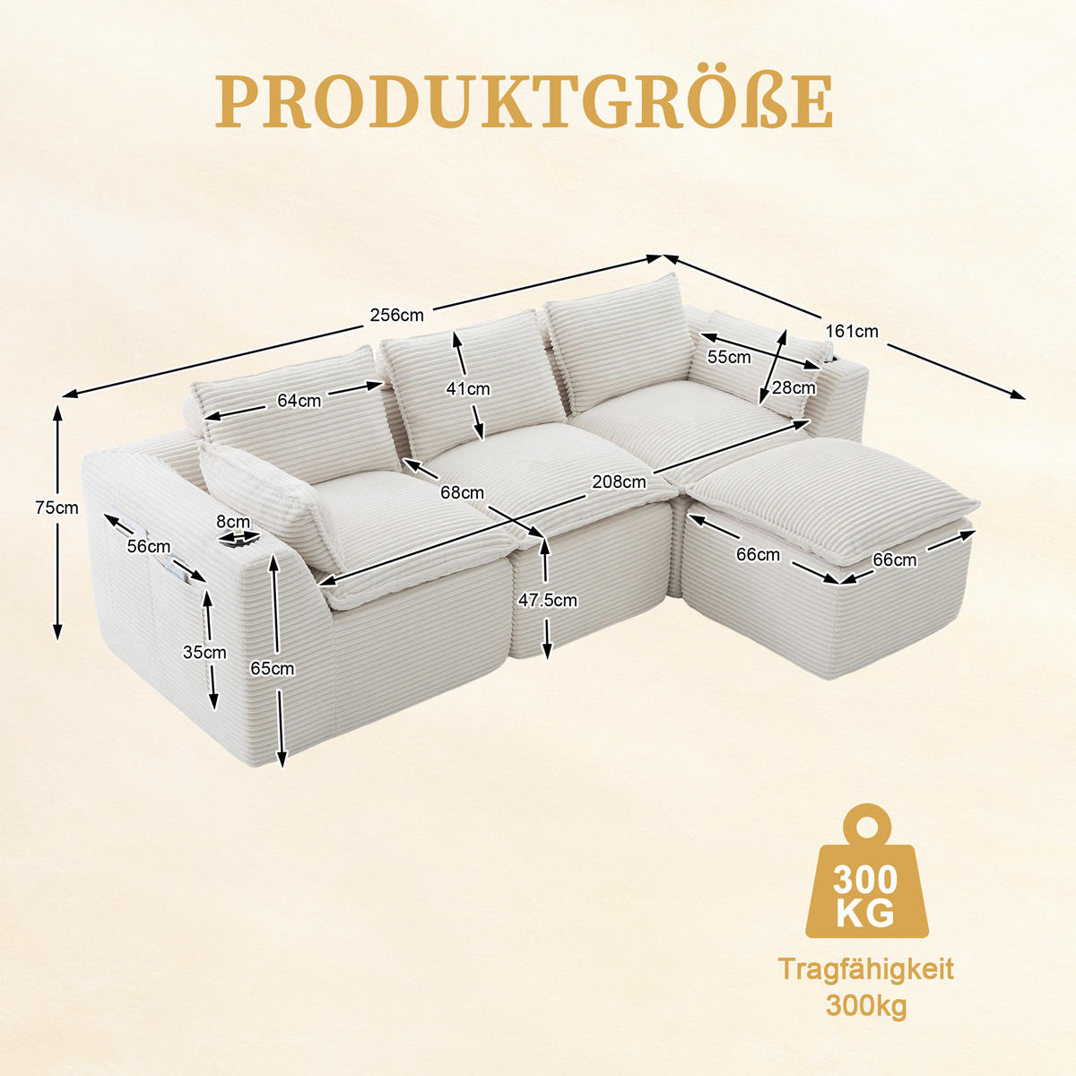 3-SITZER-SOFA aus Chenille, mit Fußhocker und Getränkehalter - Beige, Textil (256/75/161cm) - Urban Meuble