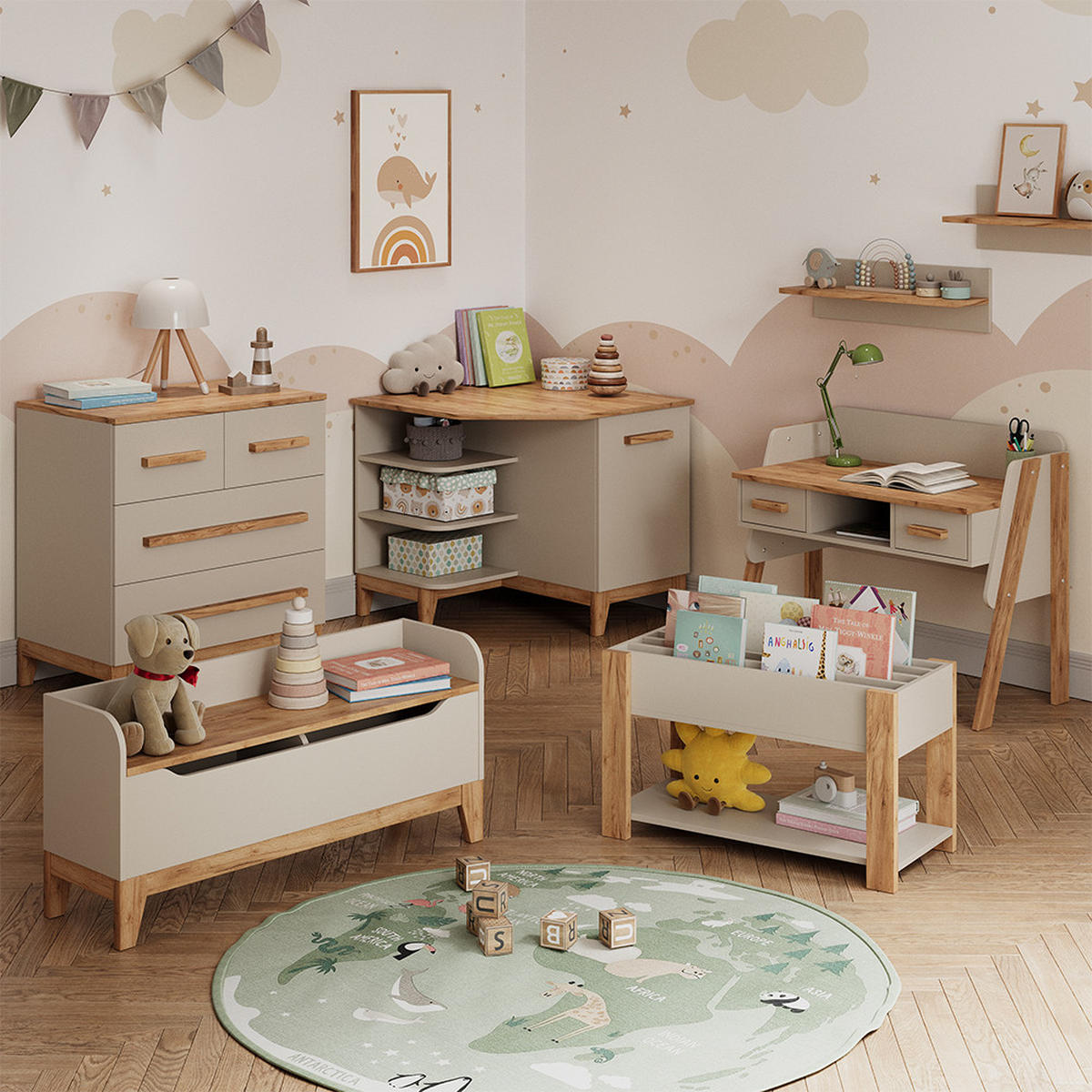 KINDERZIMMER-SET Malia Cashmere/Eiche 5 Teile - Kaschmir/Eichefarben, Holzwerkstoff (108/98/70cm) - VitaliSpa