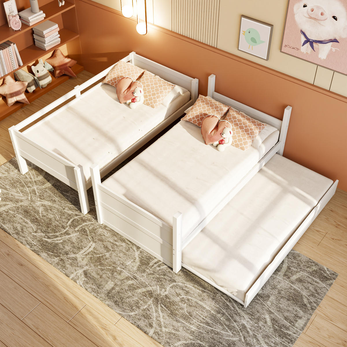 ETAGENBETT 90/200 cm in Weiß mit Ausziehbett, Leiter und Sicherheitsgeländer - Weiß, Holz/Holzwerkstoff (90/200cm) - WISHDOR