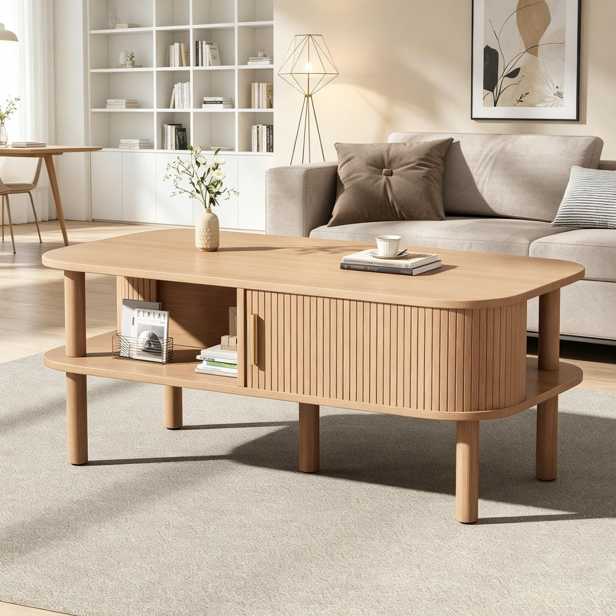 COUCHTISCH in Naturfarben mit Rolltor und offenen Fächern für Wohnzimmer, B110/T55/H45 cm - Naturfarben, Holzwerkstoff (55/110/45cm) - STILVORA