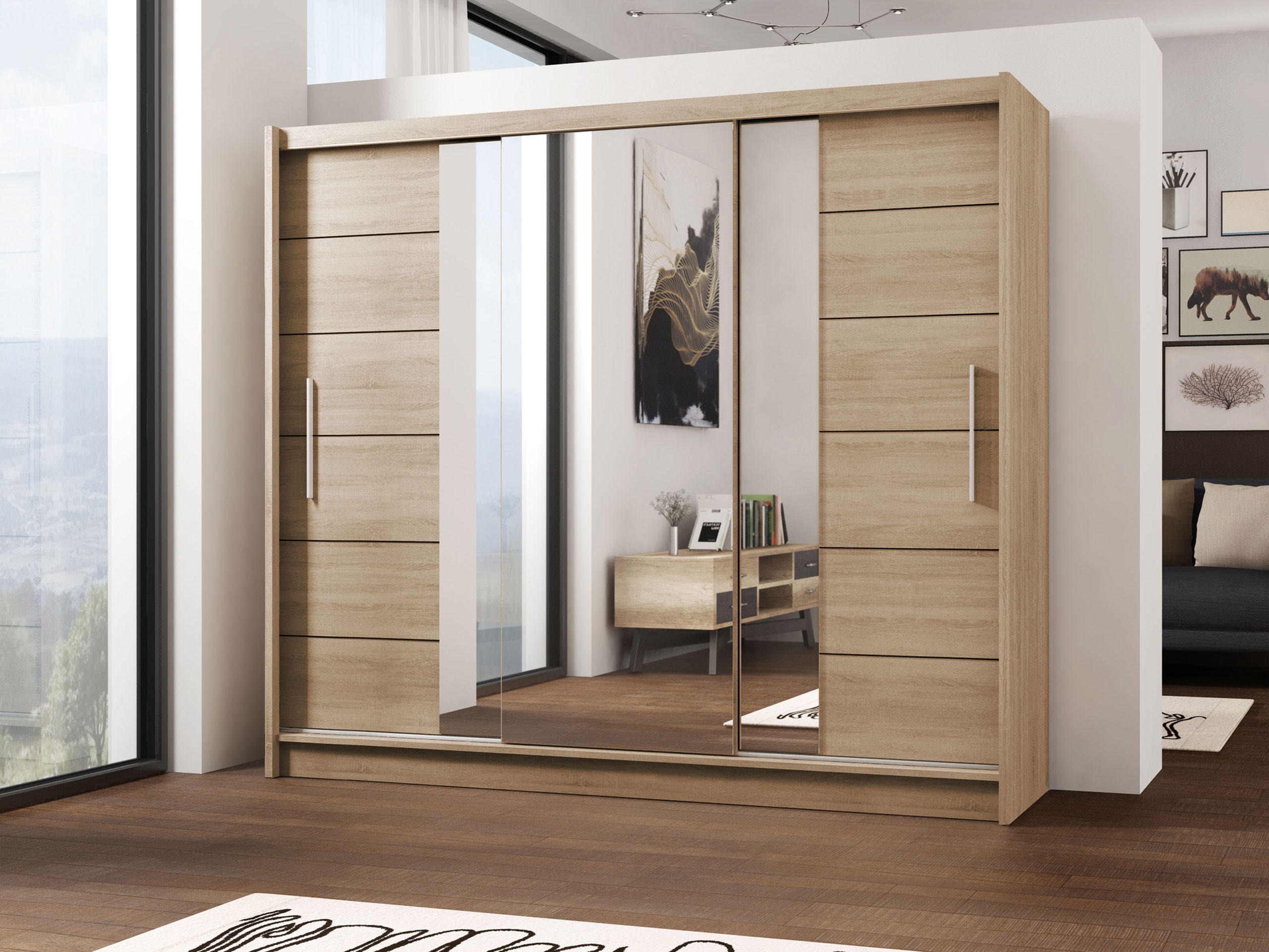 SCHIEBETÜRENSCHRANK Lizbona 250 II - Silberfarben/Sonoma Eiche, Holzwerkstoff/Kunststoff (250/215/61cm) - MIRJAN24
