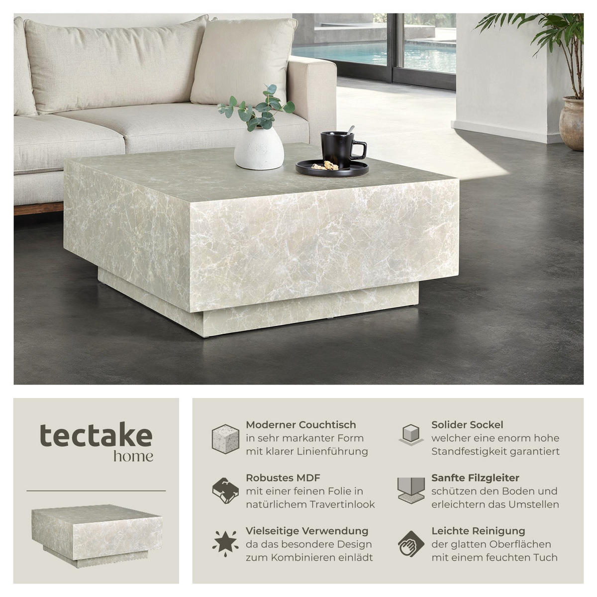 COUCHTISCH Lasley,inkl. Bodenschoner, Belastbarkeit 45 kg,Travertin Optik - Beige, Holz (80/80/35cm) - tectake