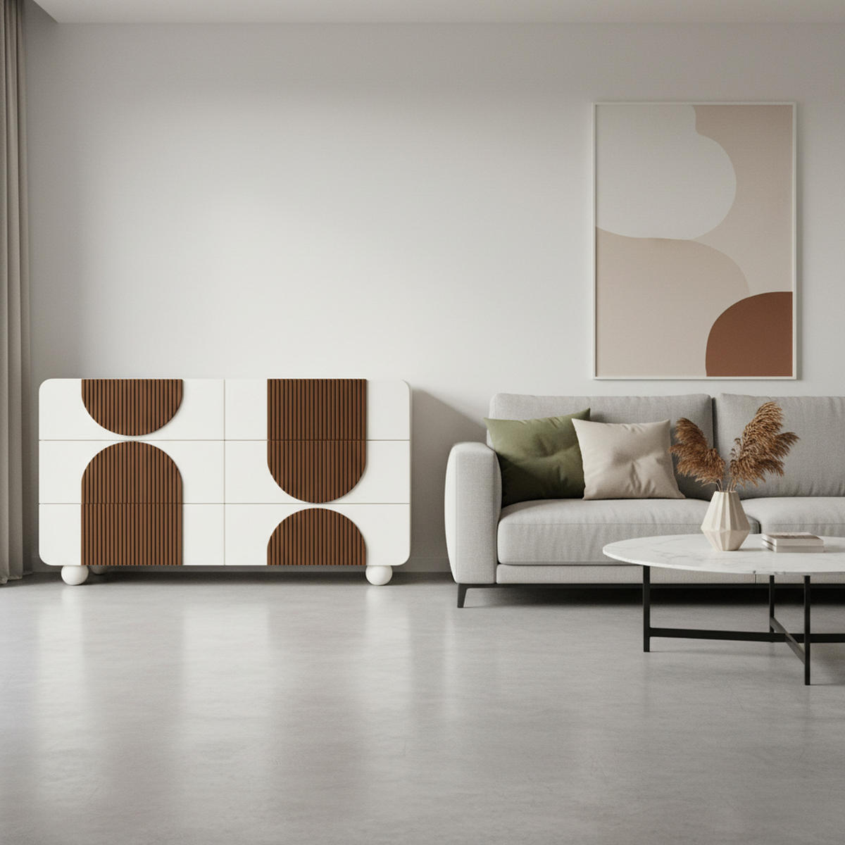 SIDEBOARD Weiß Holzleisten mit 6 Schubladen Geschwungenes Design 121×71 cm - Weiß, Holzwerkstoff (121/71/41cm) - Urban Meuble