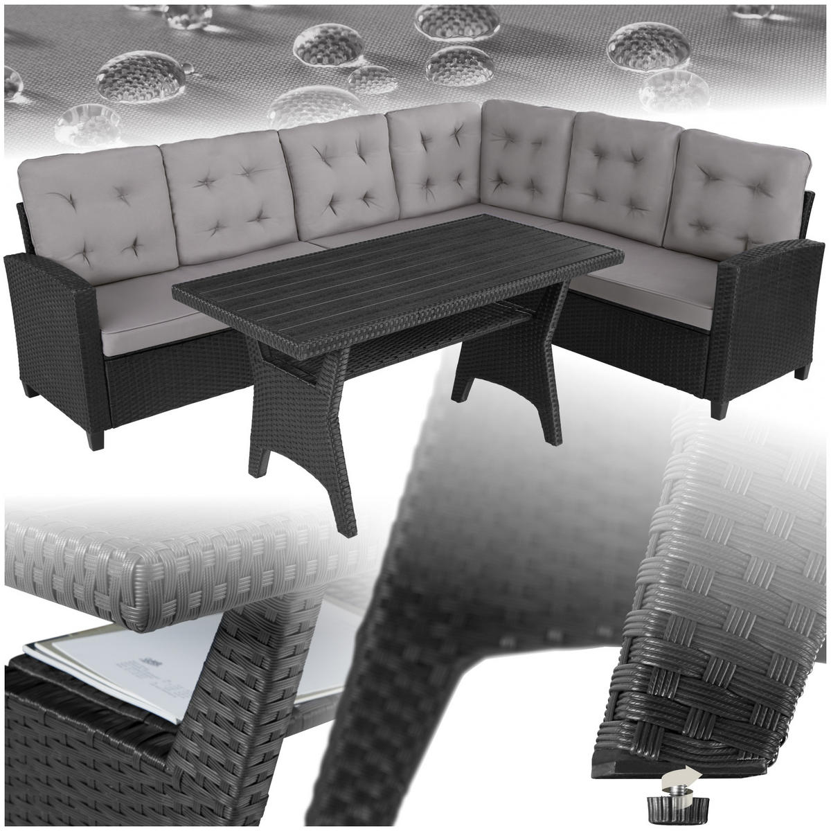 RATTANLOUNGE Catania,Tisch mit Schraubfüßen,schwarz - Schwarz, Kunststoff - tectake