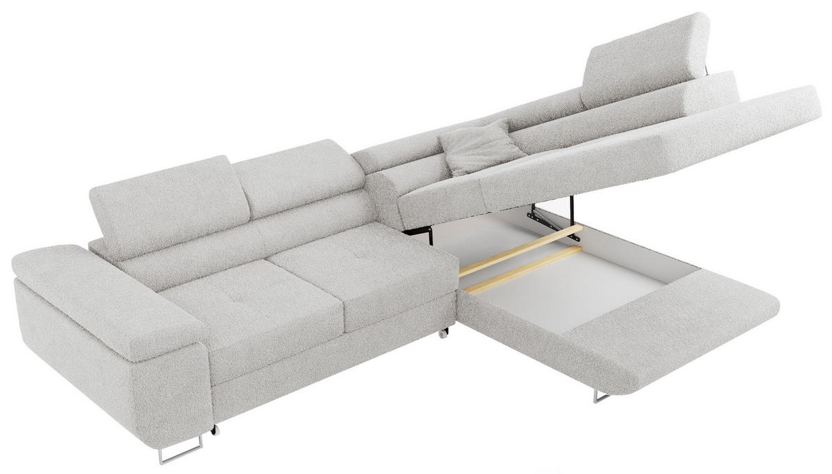 ROHOVÁ SEDAČKA GUSTAW L - Světle šedá Bouclé - Pravá Strana - stříbrná/světle šedá, kov/textil (205/275cm) - MKS
