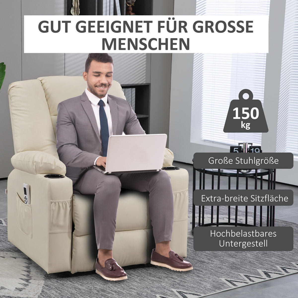FERNSEHSESSEL mit Aufstehhilfe, Cremeweiß - Creme/Schwarz, Kunststoff (98/102/90cm) - HOMCOM
