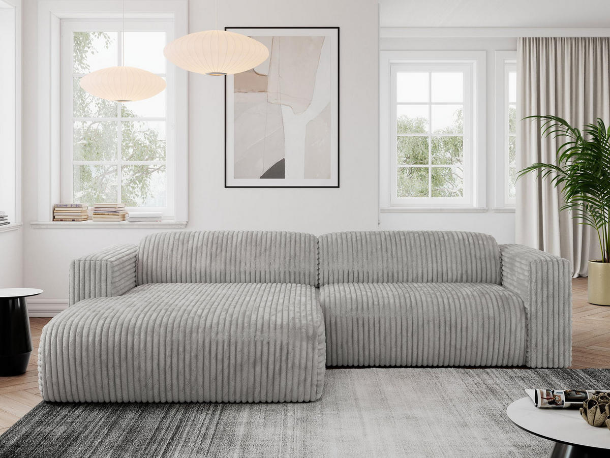 ECKSOFA PASADENA Hellgrau Cord - Links Seite - Hellgrau/Schwarz, Kunststoff/Textil (288/180cm) - MKS