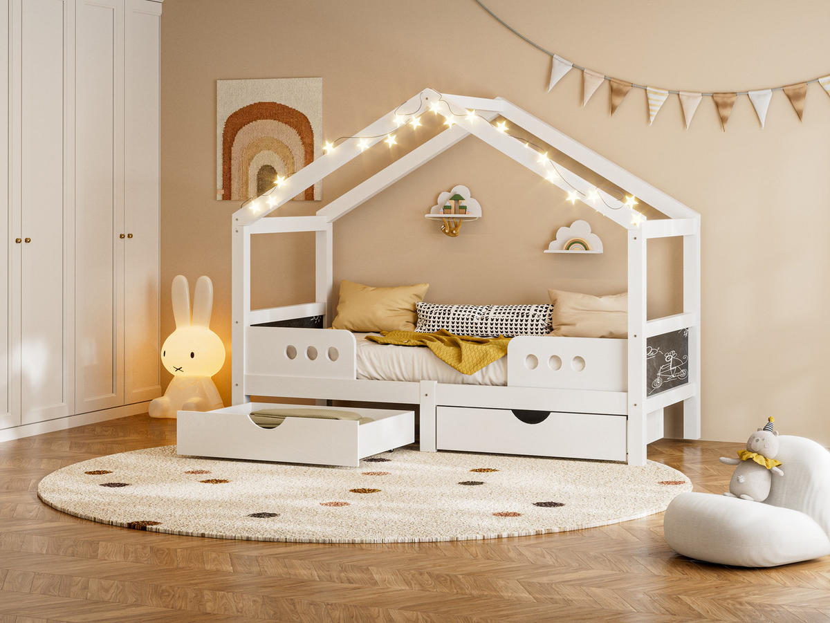 HAUSBETT mit Dachdesign 90/200 cm weiß mit 2 großen Schubladen - Weiß, Holz (90/200cm) - OKWISH