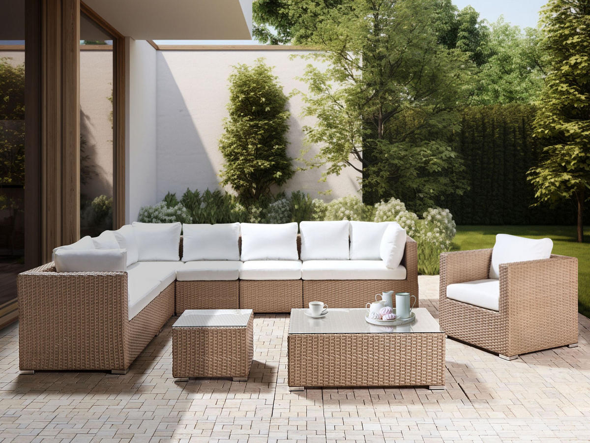 LOUNGE-SET 8-Sitzer sandbeige linksseitig modular Auflagen cremeweiß XXL - Sandfarben, Kunststoff - Beliani