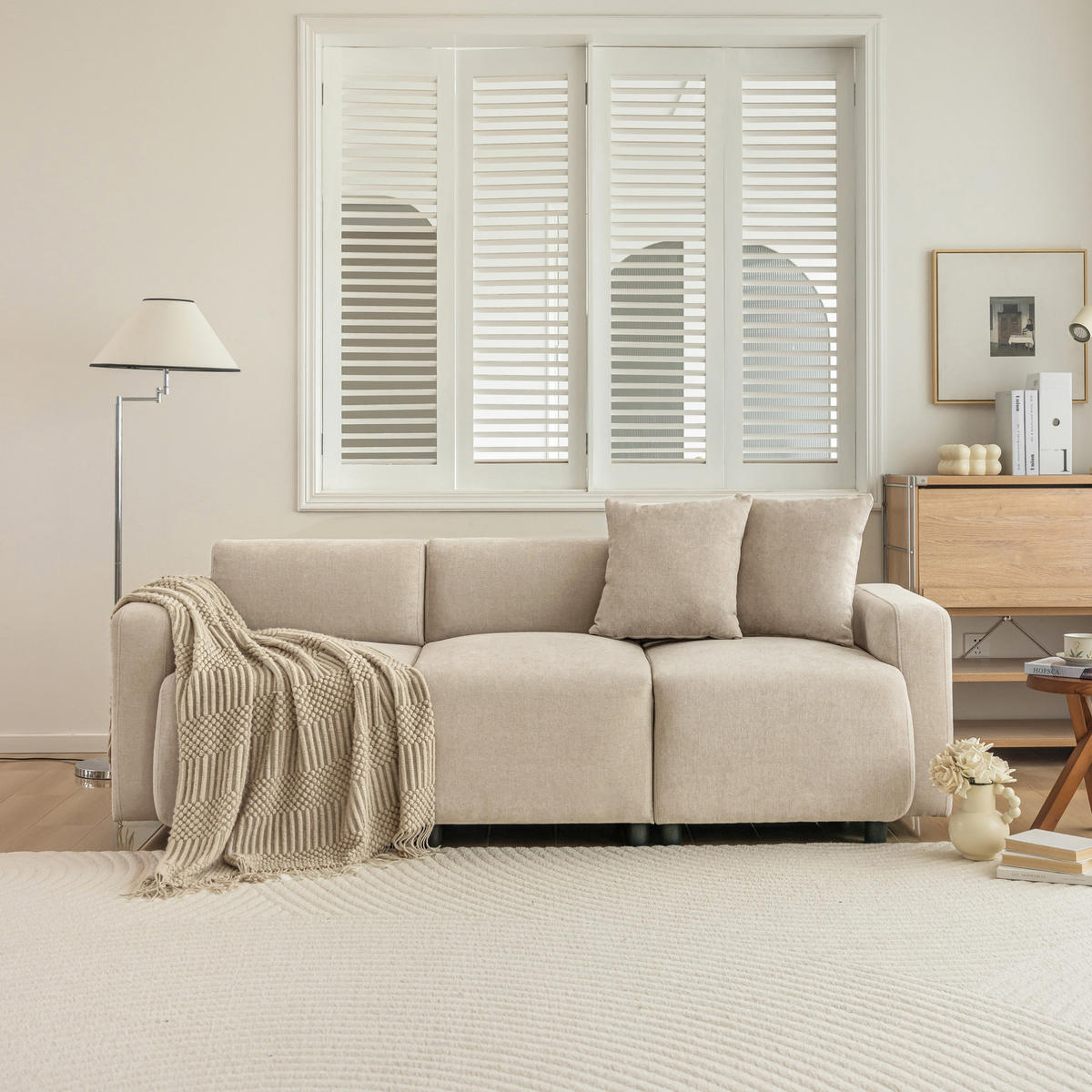 SOFA mit Chenille-Bezug Beige 67x211x71 cm, 3-Sitzer mit 2 Kissen - Beige, Textil (211/71/67cm) - IVMEU