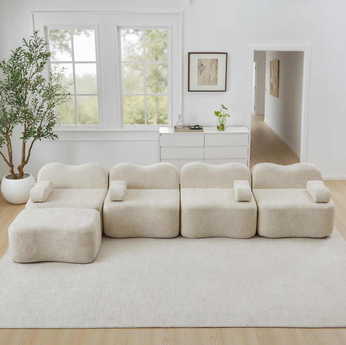 ECKSOFA modular 4-Sitzer mit Ottomanen Samt Beige - Beige, Textil (167/384cm) - Meubliv