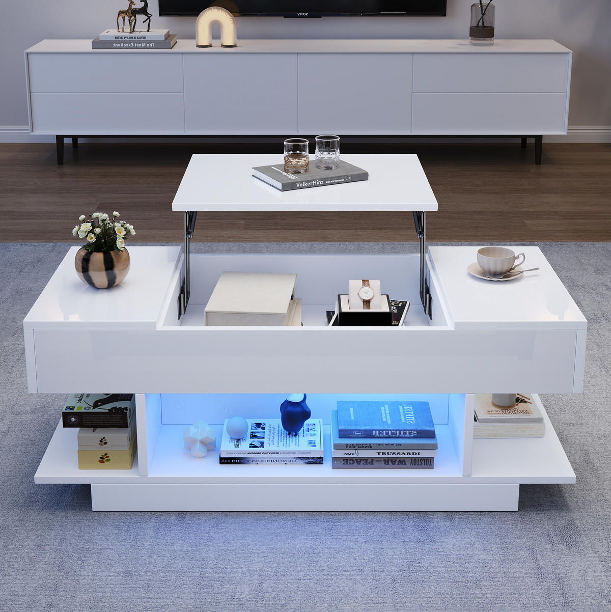 COUCHTISCH 98/45/40 cm höhenverstellbar mit LED, Stauraum und Lift-Tischplatte aus Spanplatte, Weiß - Weiß, Holzwerkstoff (98/45/40cm) - Redom