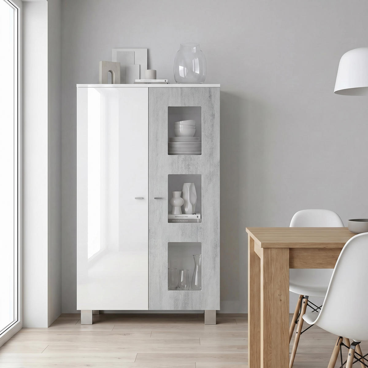 VITRINA Denjo Bijela mat / Bijela visoki sjaj / Beton oksid optika (71 x 129 x 35 cm) - svijetlo siva, drvni materijal (71/129/35cm) - Vladon