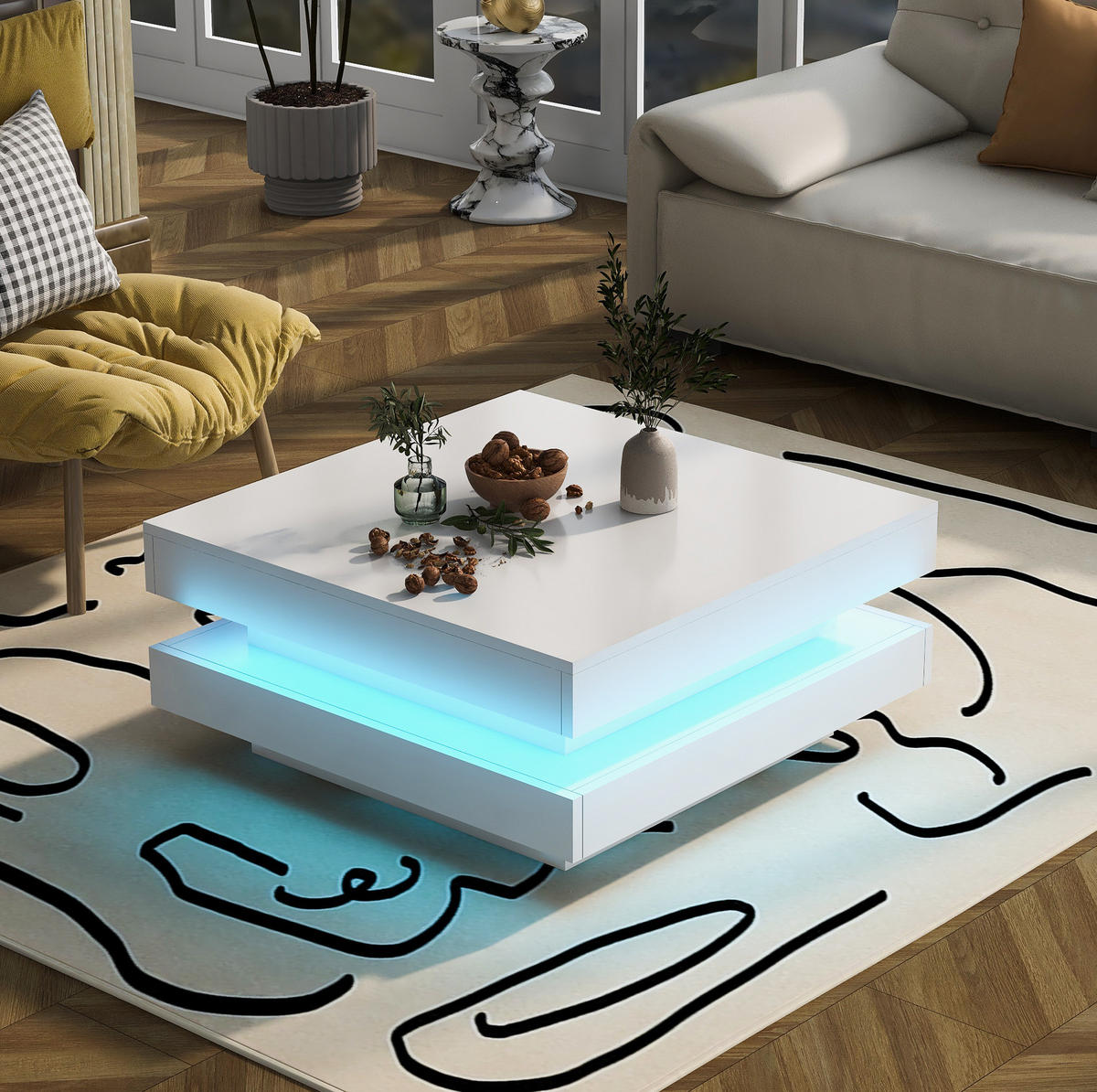 KONFERENČNÍ stolek 70/70/36 cm bílý z dřevotřísky s otočnou deskou a LED osvětlením - bílá, kompozitní dřevo (70/70/36cm) - OKWISH