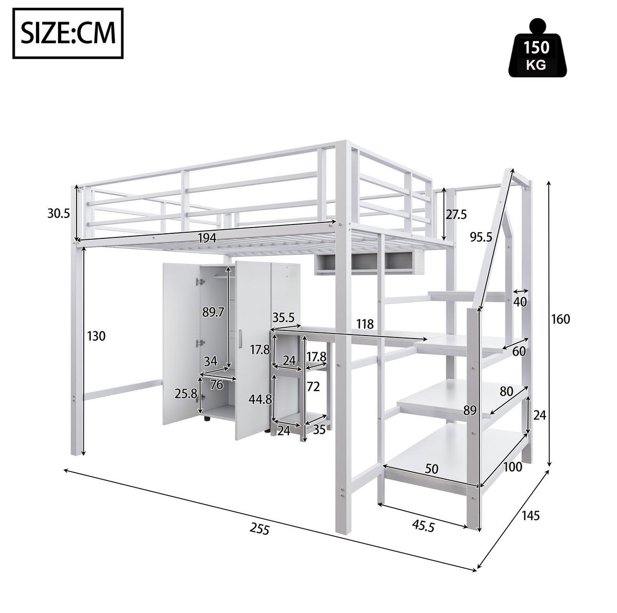 HOCHBETT 140/200 cm in Weiß – mit Schreibtisch, Kleiderschrank und Regalen - Weiß, Metall (140/200cm) - BEAOK