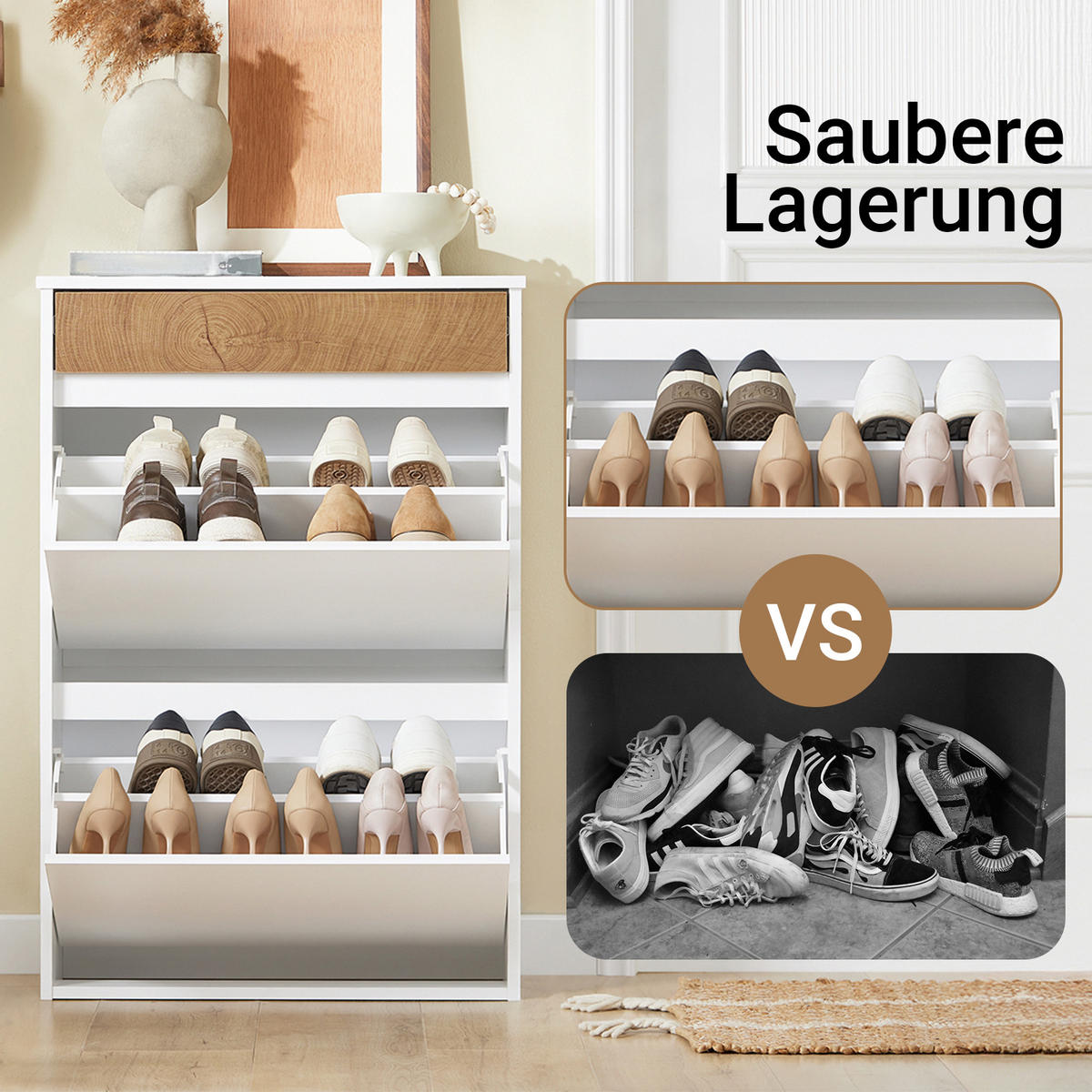 SCHUHKIPPER mit 2 Klappen und Schublade, Skandinavisches Design - Weiß, Holzwerkstoff (61/91/26cm) - SoBuy