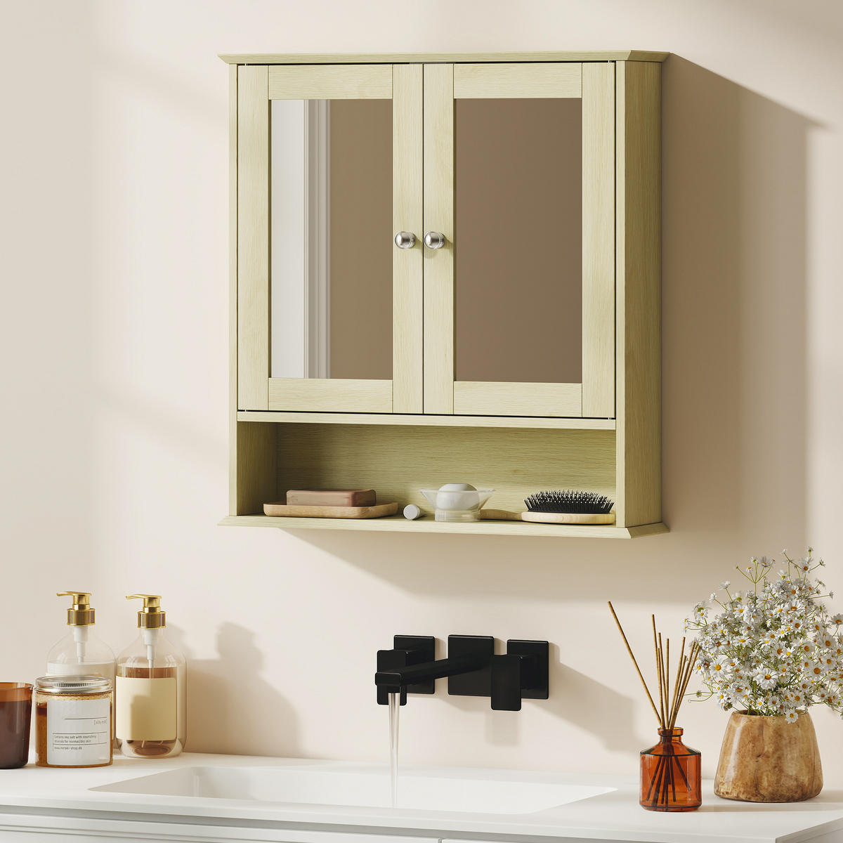 SPIEGELSCHRANK, Badezimmermöbel mit doppelten Spiegeltüren,56 x 13 x 58 cm - Braun, Glas (56/58/13cm) - Vallsero