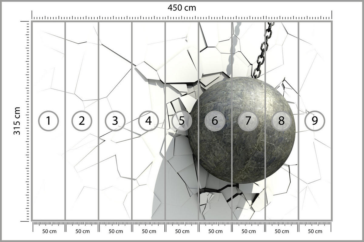 FOTOTAPETE für Büro Metallkugel Riss Weiße Wand 450x315 - Weiß/Grau, Papier (450/315cm) - Muralo