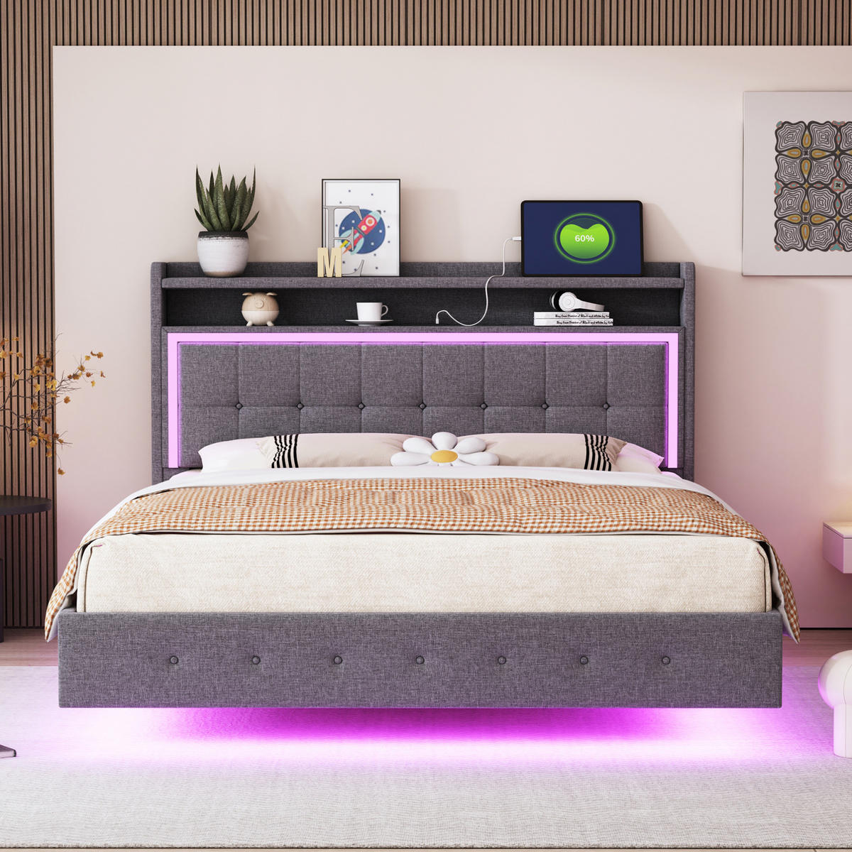 POLSTERBETT 140/200 cm Grau aus Leinen mit LED-Beleuchtung und USB-Anschlüssen - Grau, Textil (140/200cm) - Flora Grace