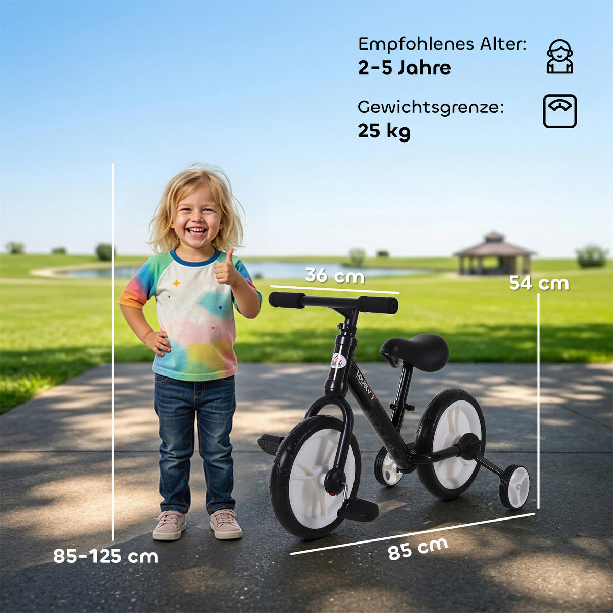 KINDER Laufrad Kinderfahrrad Stützräder Pedale 2-in-1 2-5 Jahre Kunststoff - Schwarz, Kunststoff (85/36/54cm) - HOMCOM
