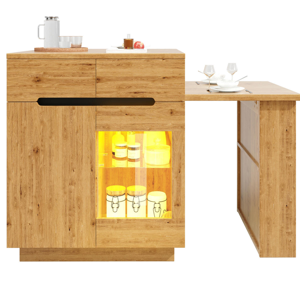 KÜCHENINSEL 122-195/70/93,5 cm aus MDF mit ausziehbarer Tischplatte und LED-Beleuchtung Eichefarben - Braun, Holzwerkstoff (122/93.5/70cm) - Modenvie