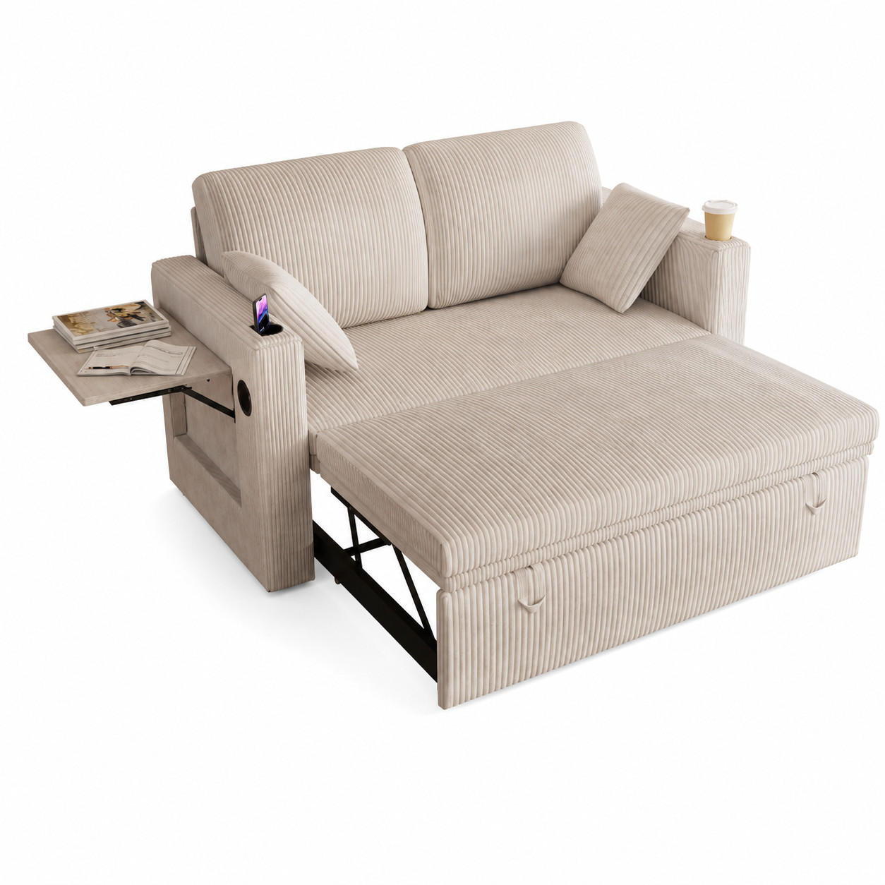 2-SITZER SCHLAFSOFA Cord Weiß mit Bettfunktion - Beige, Textil (145/85.5/132cm) - WISHDOR