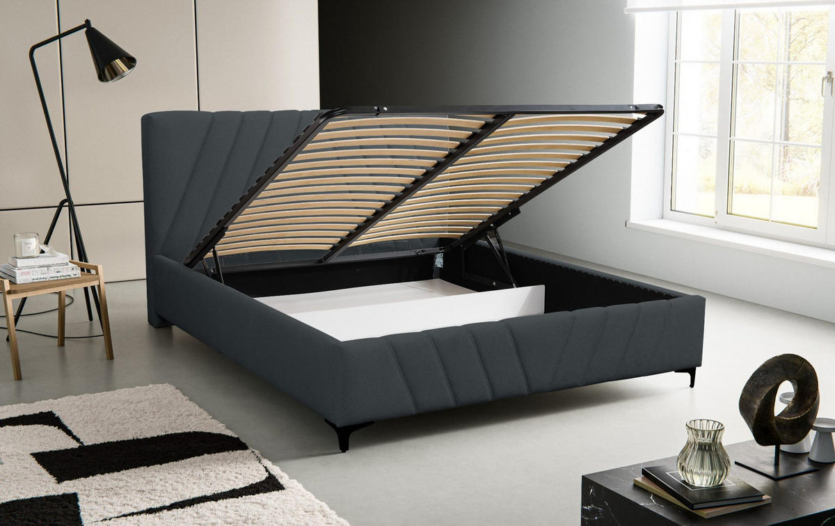 POLSTERBETT Capri mit Kopfteil, 180 x 200 cm, mit Bettkasten und Lattenrost aus Metall, Velourstoff, Frabe: Schwarz - Schwarz, Holz/Kunststoff (180/200cm) - VENASI MÖBEL