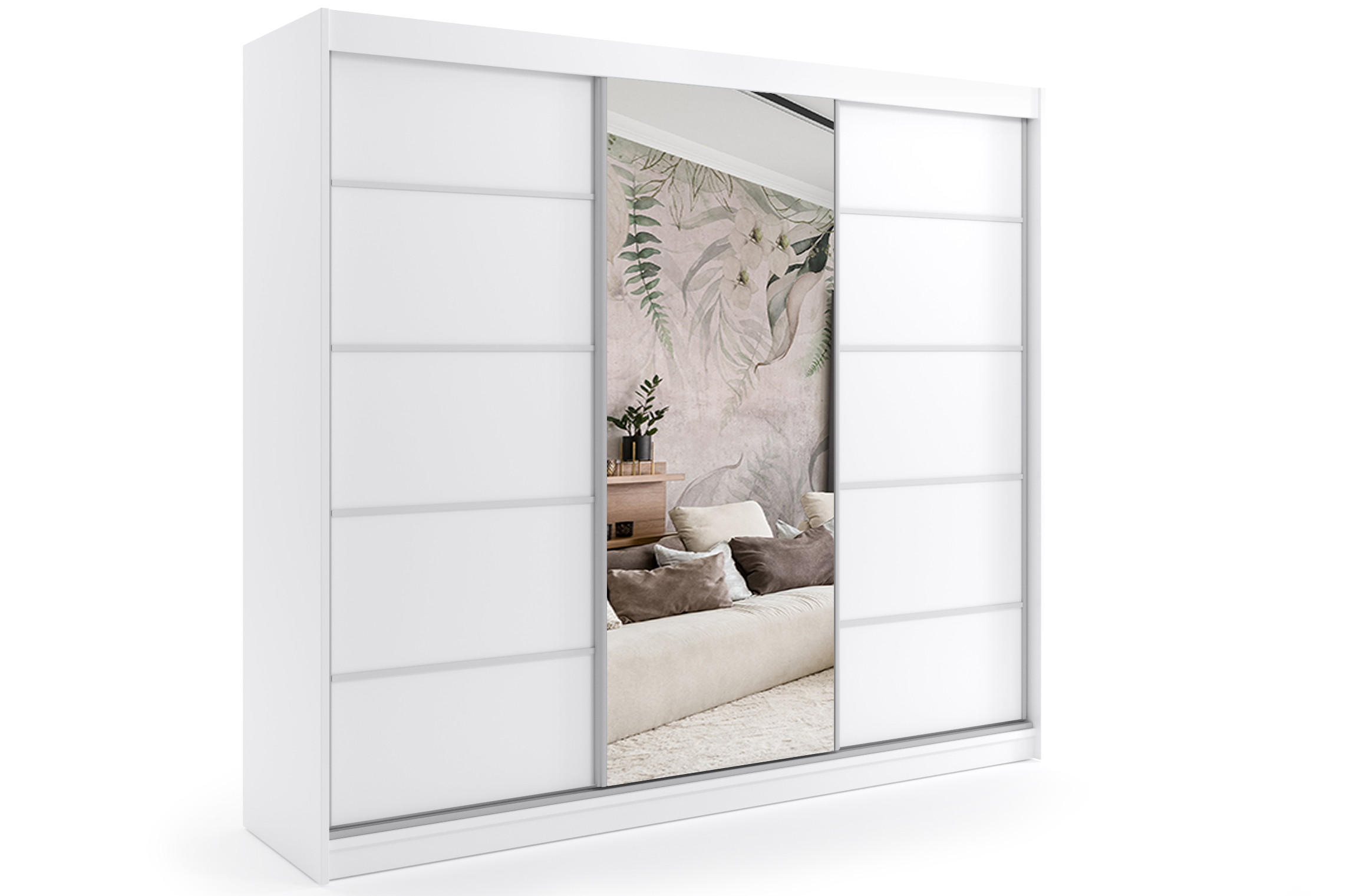 ALTDECOR ŠATNÍ SKŘÍŇ s zrcadlovými posuvnými dveřmi a hliníkovými lamelami, LED osvětlení – MAKI – 240 cm, bílá