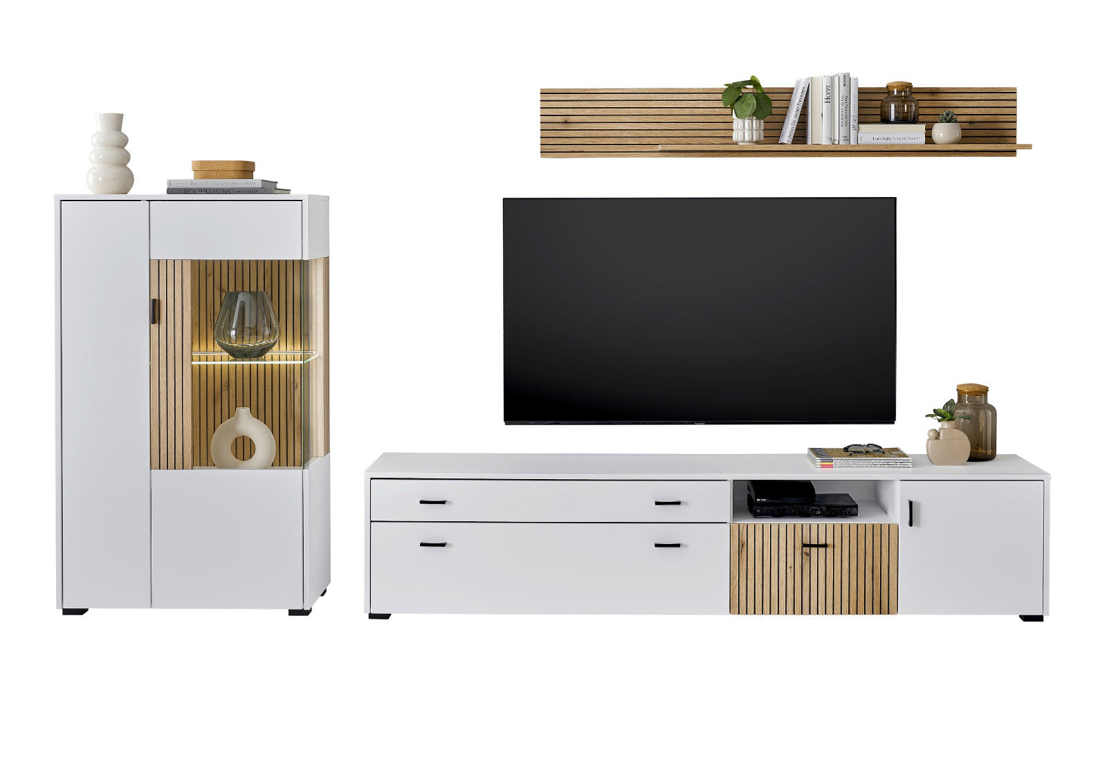 WOHNWAND Merced in weiß matt und Eiche 3-teilig 285 cm - Eichefarben/Schwarz, Glas/Holzwerkstoff (285/180/42cm) - Furn.Design