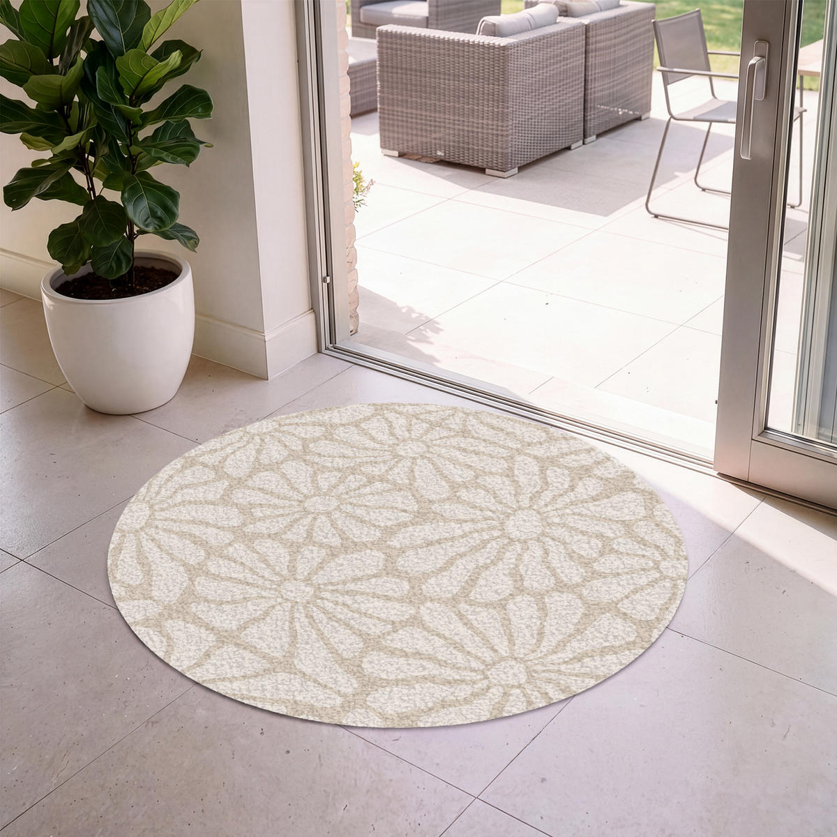 FUSSMATTE Floral - Druck - Beige - Braun - Minimalistisch Schmutzfangmatte 120x120 cm - Sandfarben, Kunststoff (120/120cm) - MuchoWow