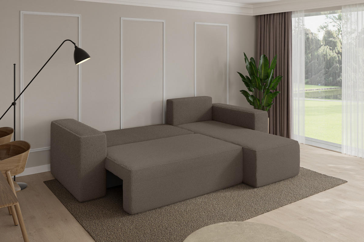 ROHOVÁ SEDAČKA s funkcí spaní, otoman vpravo SENO-L 249x139x85 hnědá bouclé - černá/hnědá, kompozitní dřevo/textil (249/139cm) - ALTDECOR