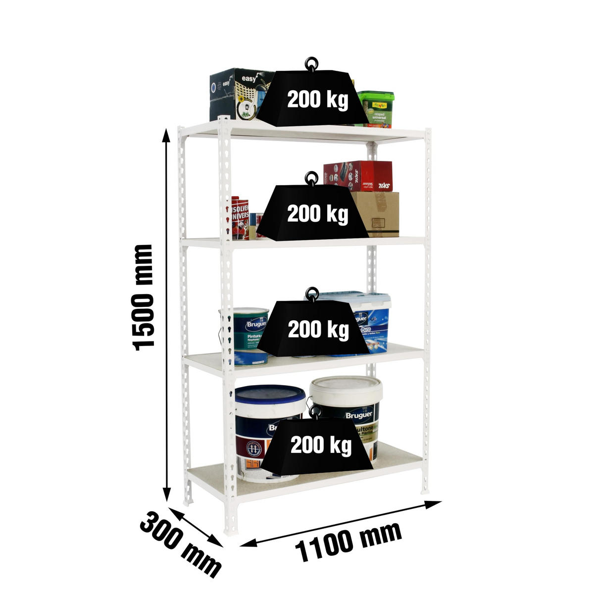 SCHWERLASTREGAL Mid Muli HxBxT 150 x 110 x 30 cm 4 Fachböden Fachlast 200 kg Weiß - Weiß, Metall (110/150/30cm) - PROREGAL