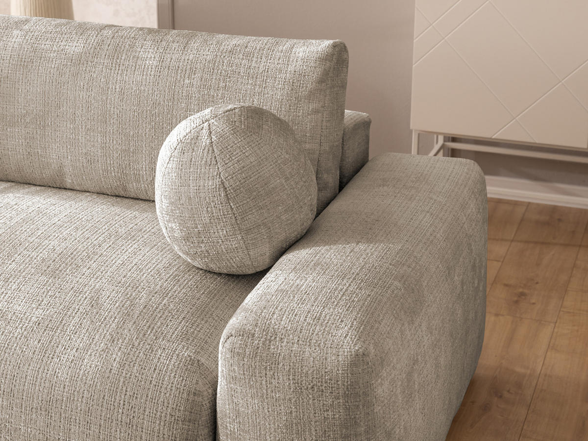 ECKSOFA Puffy mit Schlaffunktion und Bettkasten - besonders weich und puffig aus Dunkelbeige Chenille-Stoff - Ottomane links - Beige/Schwarz, Holz/Kunststoff (138/266cm) - S-Style Möbel