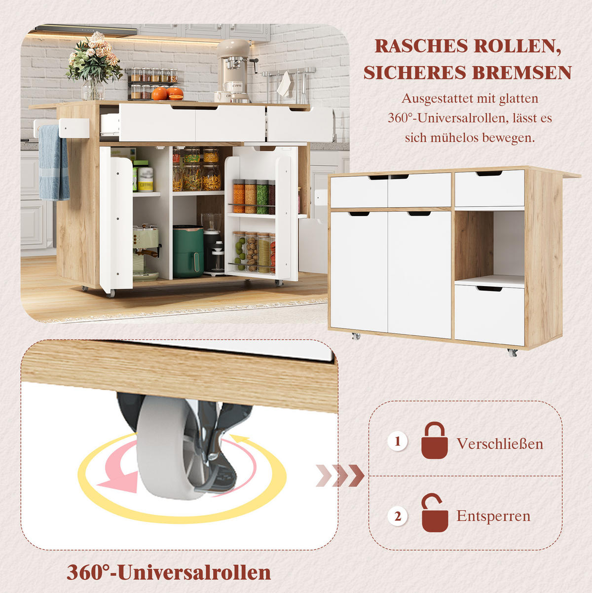 KÜCHENINSEL 120/46/85 cm weiß aus Holzwerkstoff mit 360°-Rollen - Weiß, Holzwerkstoff (120/85/46cm) - OKWISH