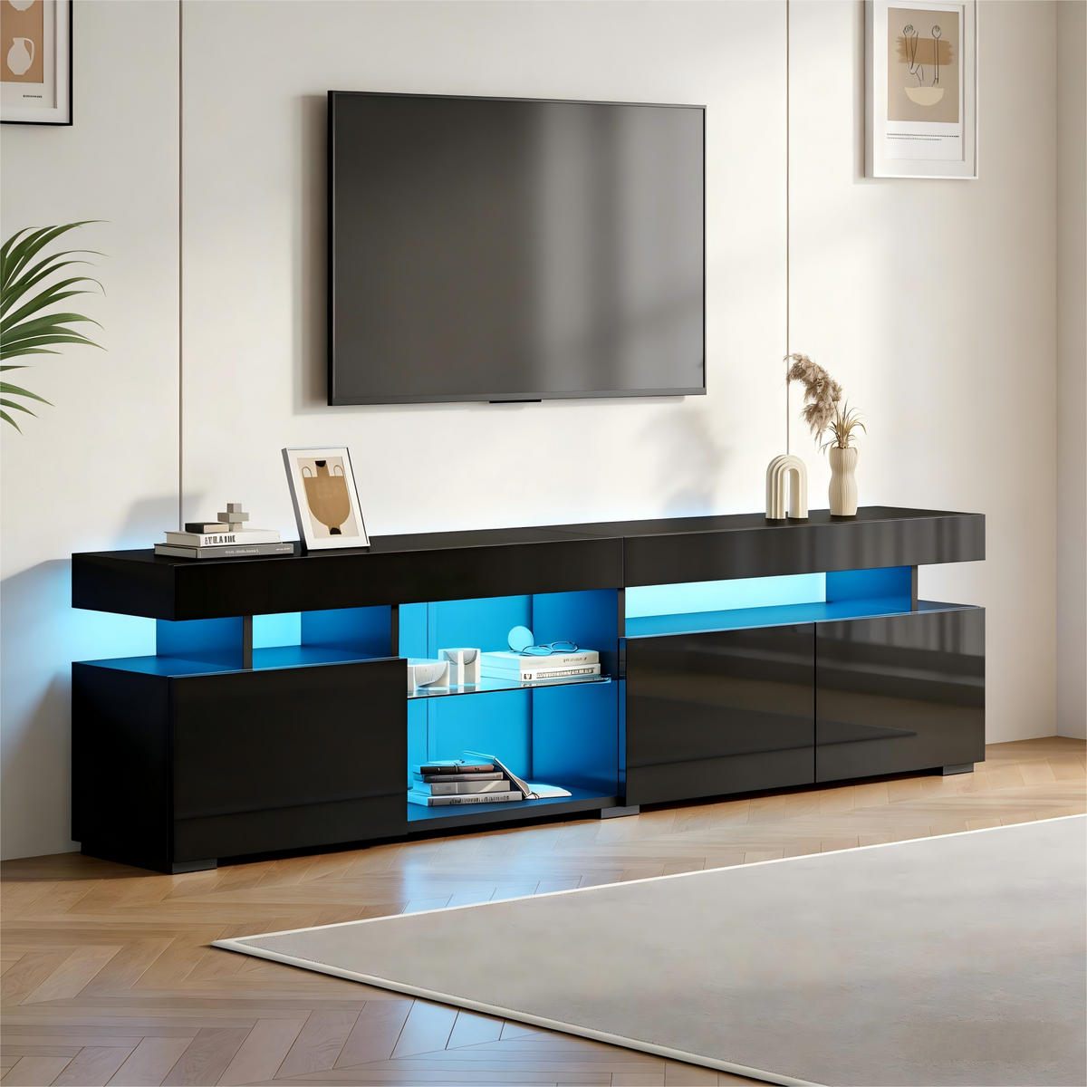 TV-ELEMENT 180/35/45 cm Schwarz mit 3 Türen und verstellbaren Einlegeböden aus gehärtetem Glas - Schwarz, Holz (180/45/35cm) - Oxeza