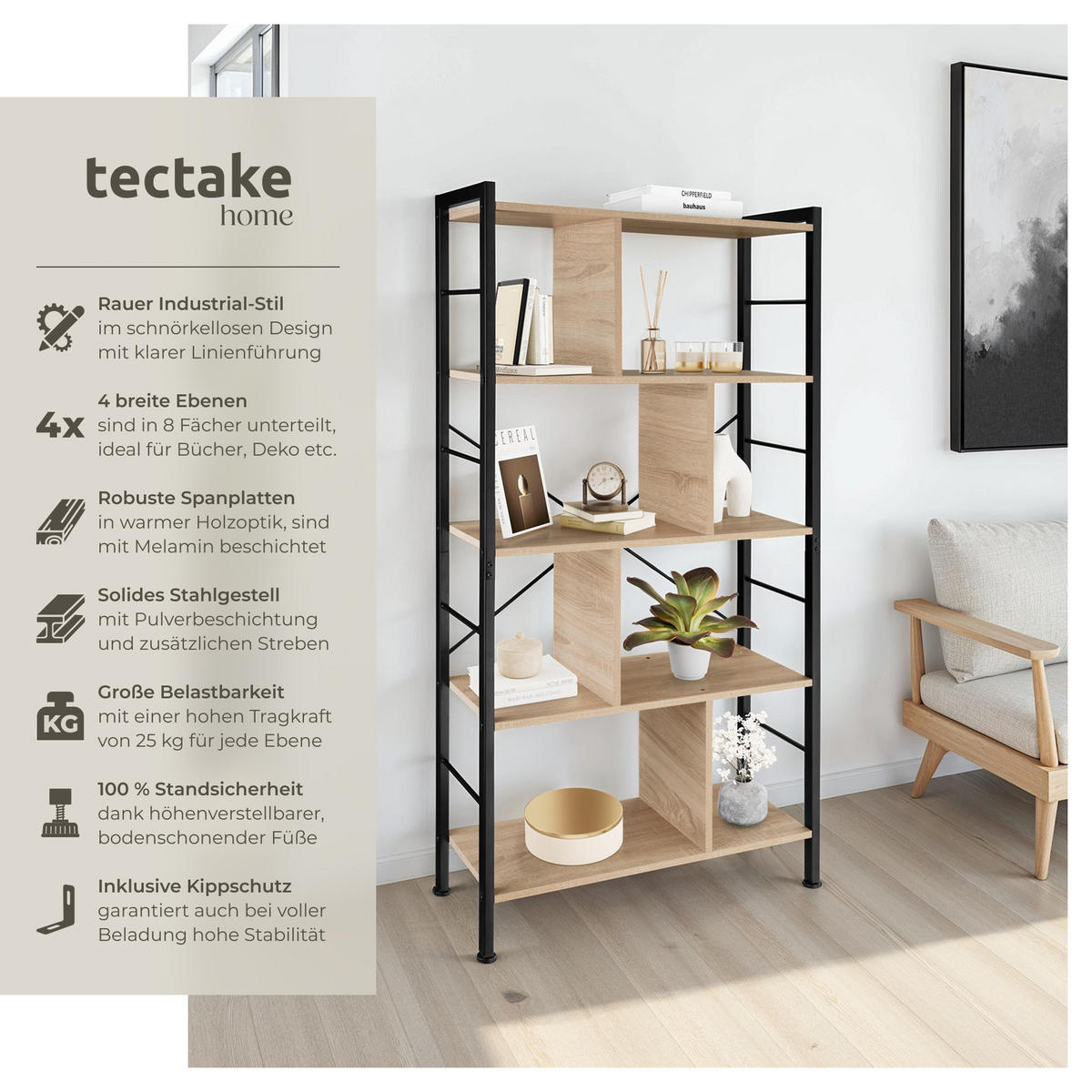 REGAL Charleston,inklusive Kippschutz, 75,5 x 30 x 155 cm,Industrial Holz hell, Eiche Sonoma - Naturfarben, Holzwerkstoff (30/155/75.5cm) - tectake