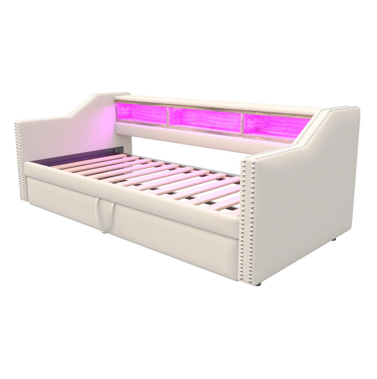 AUSZIEHBETT 90/180 x 190 cm Beige mit LED-Beleuchtung und Ablagefächern - Beige, Textil (90/190cm) - Flora Grace