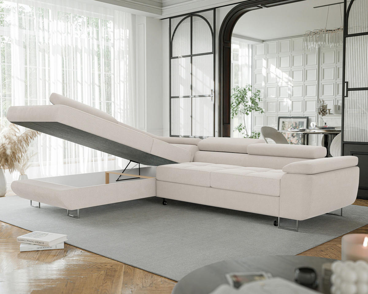 ECKSOFA ANTON links, mit Schlaffunktion und Bettkasten Creme - Creme, Holzwerkstoff/Kunststoff (274/203cm) - Idohome
