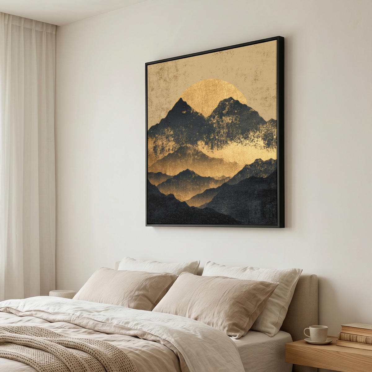 LEINWAND Bilder mit Rahmen - Goldene Berge bei Mondschein - 90x90 - Goldfarben, Textil (90/90cm) - MuchoWow