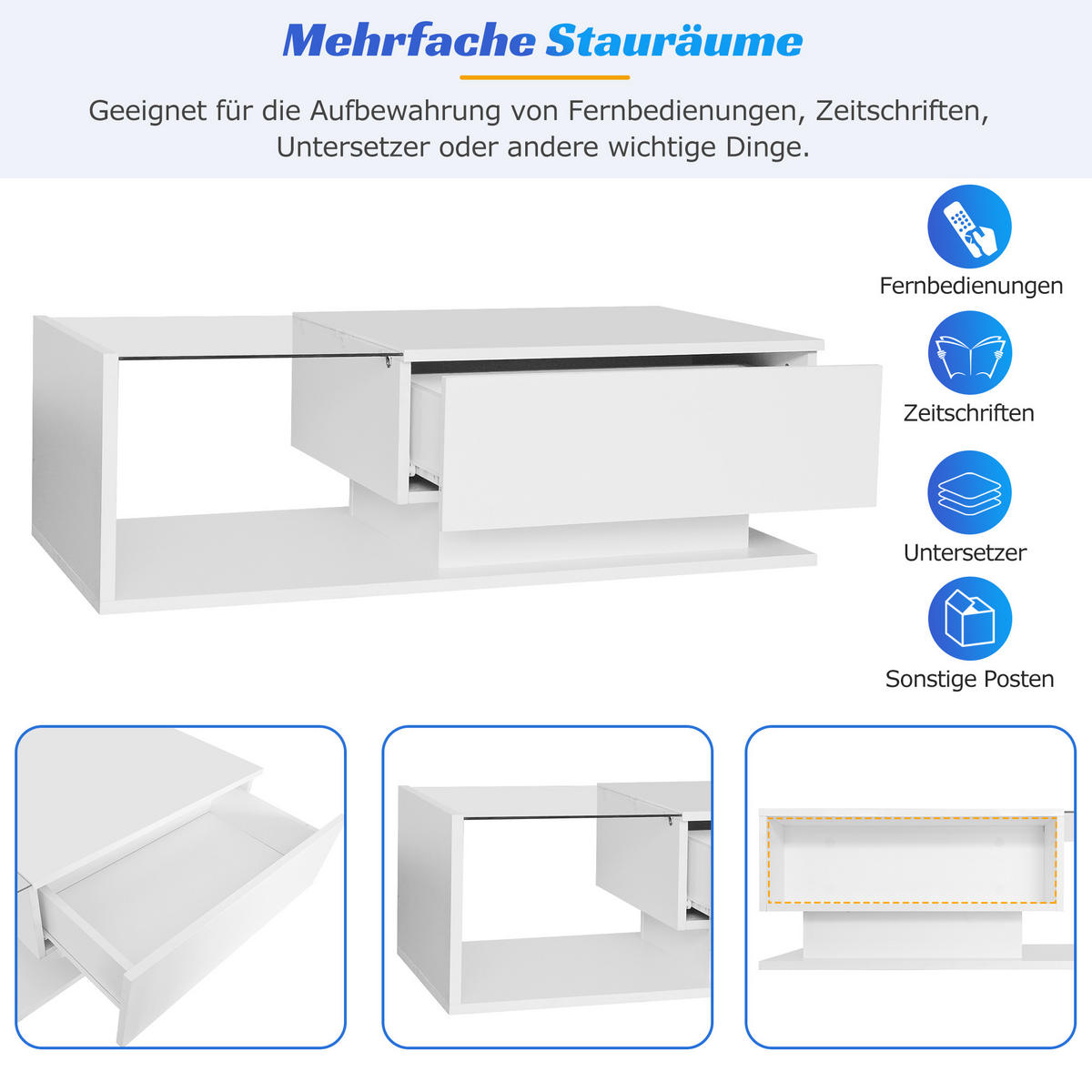 COUCHTISCH aus Spanplatte 100x50x32 cm Weiß mit LED & Schublade - Weiß, Holzwerkstoff (100/50/32cm) - Modfu