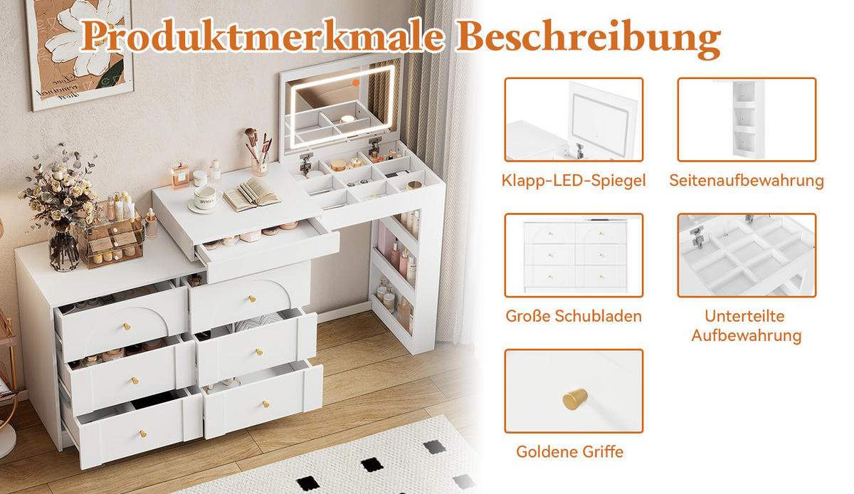 SCHMINKTISCH 2-in-1 Schreibtisch (drehbar) in Weiß mit LED-Spiegel & 7 Schubladen - Weiß, Holzwerkstoff (105/80/40cm) - Urban Meuble