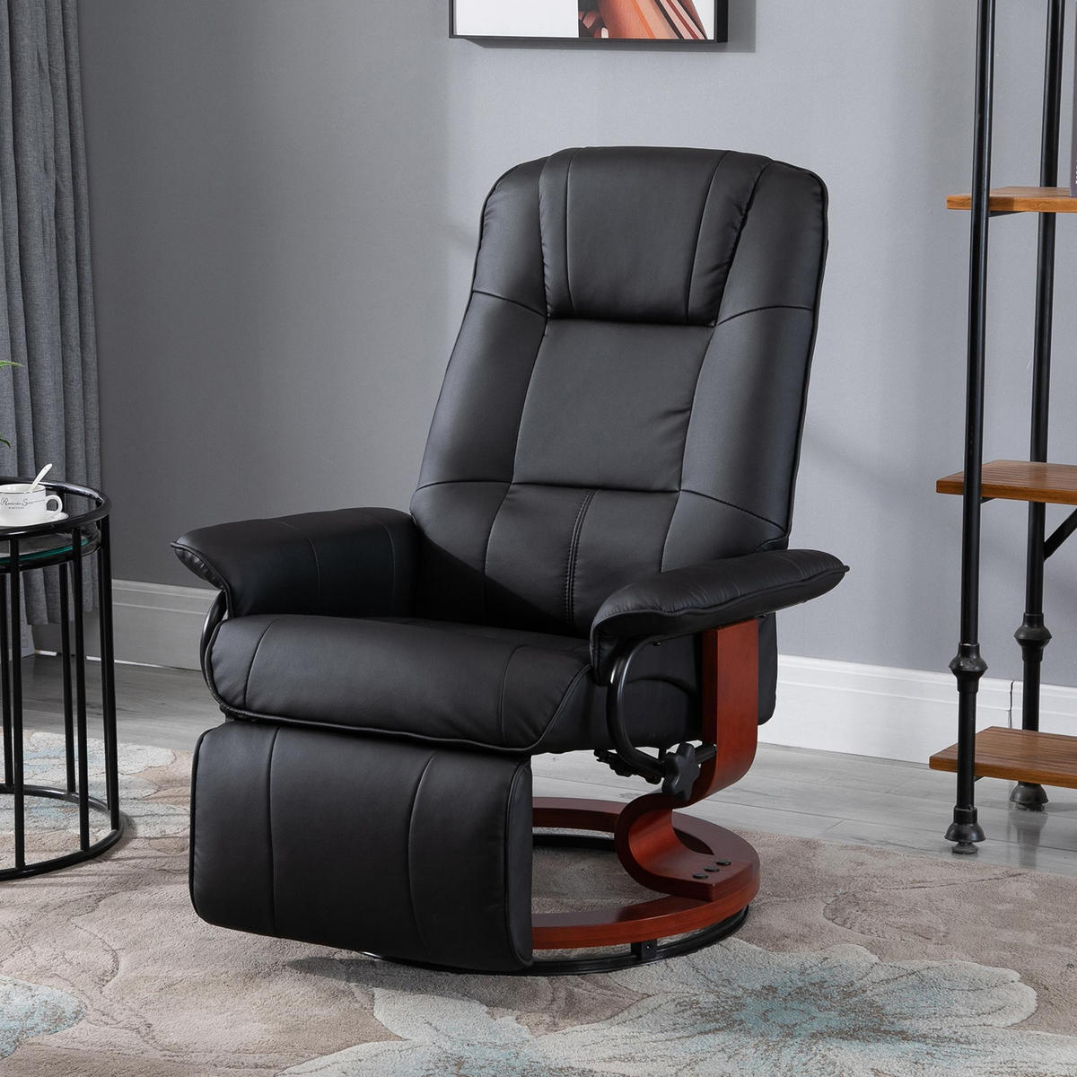 FERNSEHSESSEL Relaxsessel Liegesessel Kunstleder 360° Drehstuhl Holzfuß neigbar - Schwarz/Braun, Leder/Holz (87/100/78cm) - HOMCOM