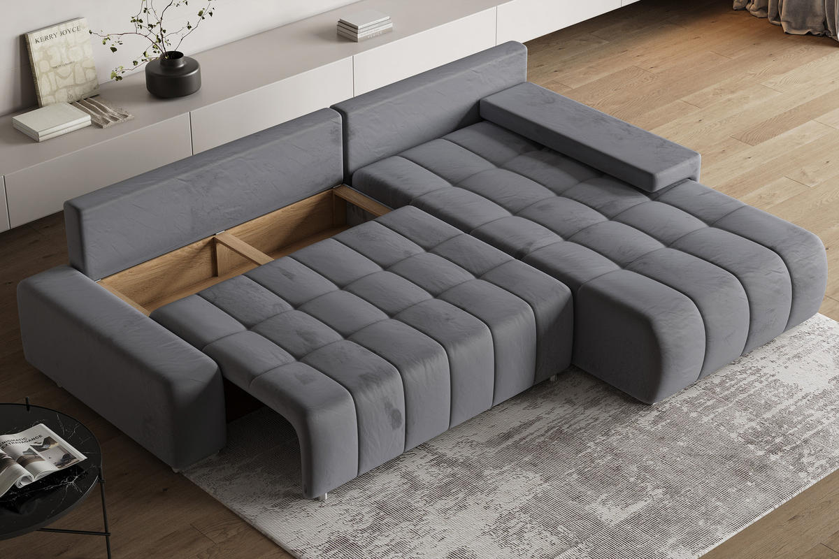 ECKSOFA ALESE R-S Grau Velours-Stoff mit Schlaffunktion - Grau, Holz (265/185cm) - MASSENO