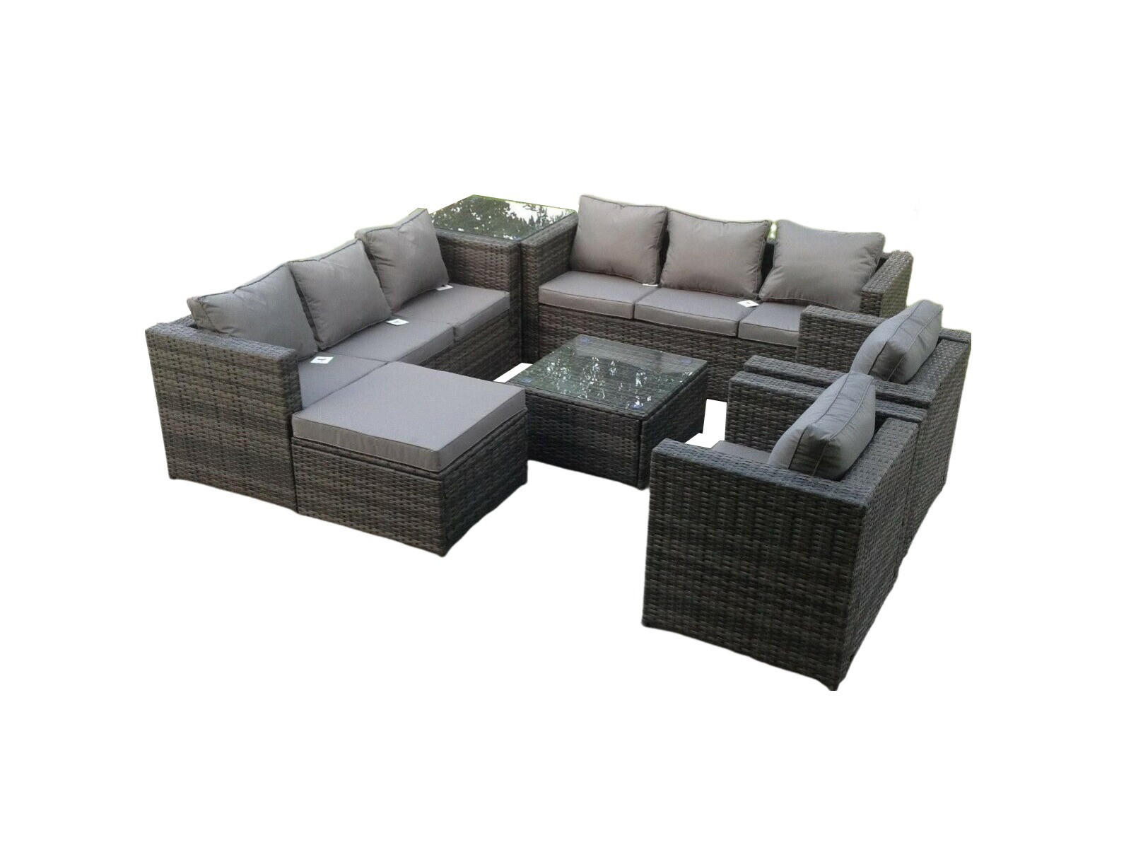 GARTENMÖBELSET mit Couchtisch Polyrattan 9-Sitzer - Dunkelgrau/Grau, Glas/Kunststoff - Fimous