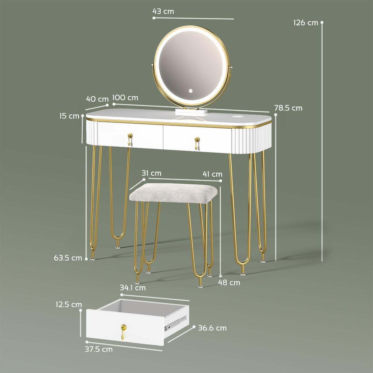SCHMINKTISCH Isonca Weiß mit LED-Spiegel, QI-Ladestation und Hocker - Weiß, Holzwerkstoff (100/126/40cm) - Livinity®